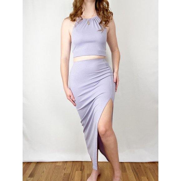 Vintage Matching Set High Rise Slit Midi Maxi Skirt Crop Top Formal Prom Dance - Picture 6 of 6